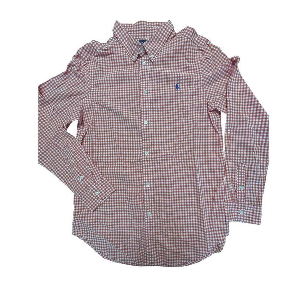 Ralph Lauren Black Label Orange White Check Long Sleeve Shirt Boys SZ 18-20 (XL)